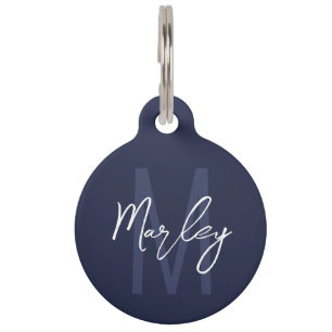 Navy Blue Script - Gepersonaliseerd monogram en na Huisdierpenning