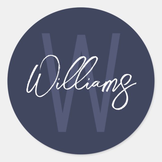 Navy Blue Script - Gepersonaliseerd monogram en na Ronde Sticker (Voorkant)