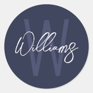 Navy Blue Script - Gepersonaliseerd monogram en na Ronde Sticker