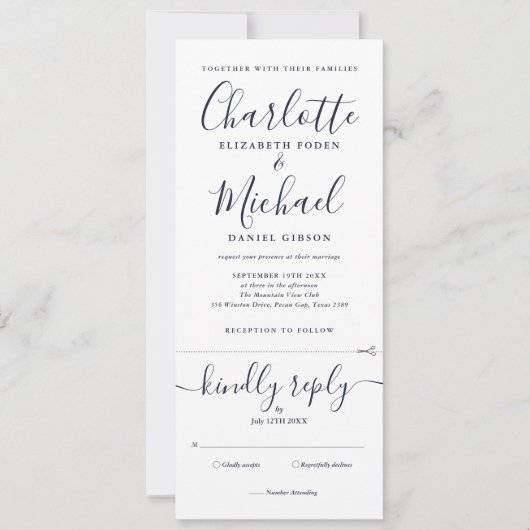 Navy Blue Script Minimalistische All-in-One Trouwk Kaart (Voorkant)