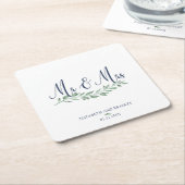 Navy Blue Script MR en MRS Greenery Wedding Vierkante Kartonnen Onderzetter (Schuin)
