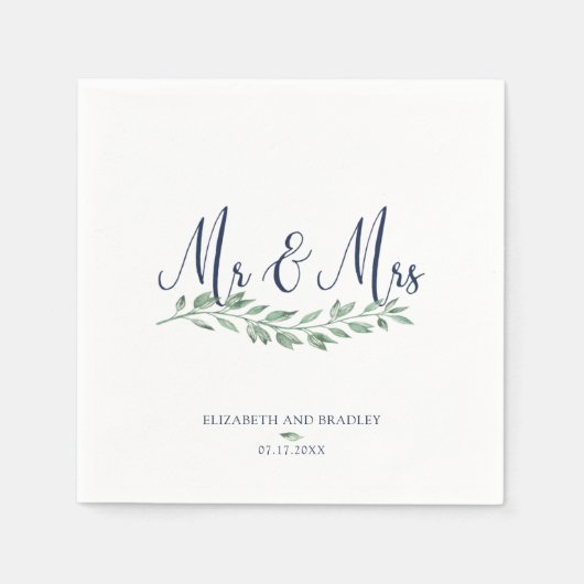 Navy Blue Script Mr en Mrs | Groen Bruiloft Servet (Voorkant)