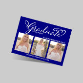 Navy Blue Script Photo Collage Graduation Card Kaart