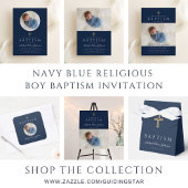 Navy Blue Script Religious Cross Boy Baptism Foto Vierkante Sticker