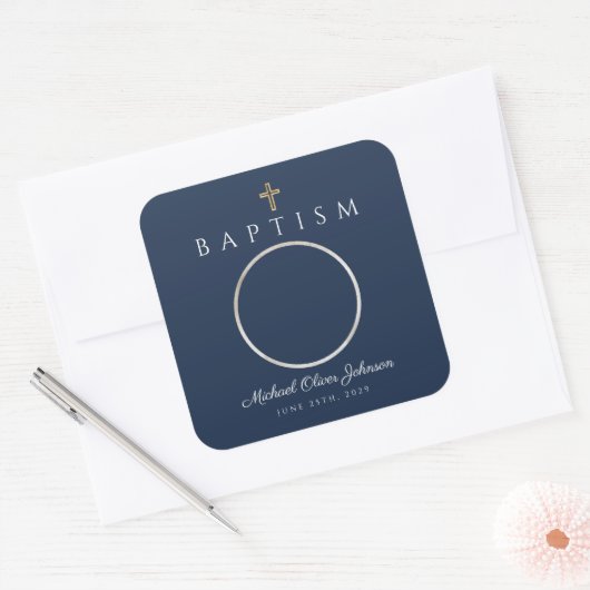 Navy Blue Script Religious Cross Boy Baptism Foto Vierkante Sticker (Envelop)