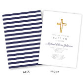 Navy Blue Script Religious Cross Boy Baptisme Kaart