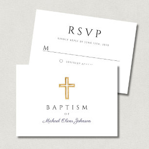 Navy Blue Script Religious Cross Boy Baptisme RSVP Kaartje