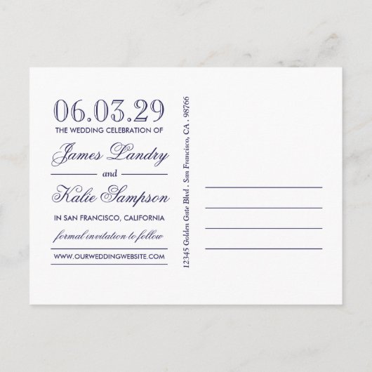 Navy Blue Script Save the Date Aankondigingskaart (Achterkant)