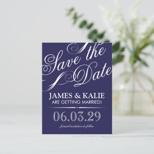 Navy Blue Script Save the Date Aankondigingskaart (Staand voorkant)