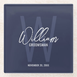 Navy Blue Script Specialized Groomsman's Name Glazen Onderzetter