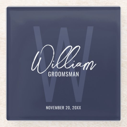 Navy Blue Script Specialized Groomsman's Name Glazen Onderzetter (Voorkant)