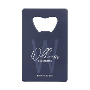 Navy Blue Script Specialized Groomsman's Name Kredietkaart Flessenopener