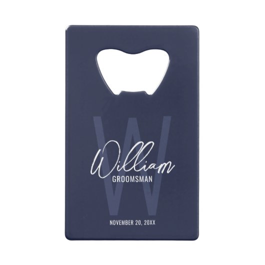 Navy Blue Script Specialized Groomsman's Name Kredietkaart Flessenopener (Voorkant)
