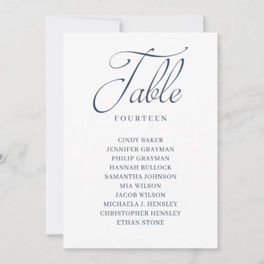 Navy Blue Script Table Number Seating Chart Kaart (Voorkant)