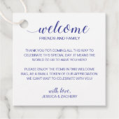 Navy Blue Script Wedding Welcome Gift Bag Basket Bedankjes Labels (Voorkant)