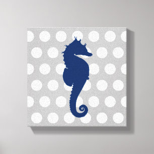 Navy Blue Seahorse Grijs en wit Polka Dots Canvas Afdruk