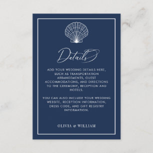 Navy Blue Seashell Beach bruiloft details Informatiekaartje