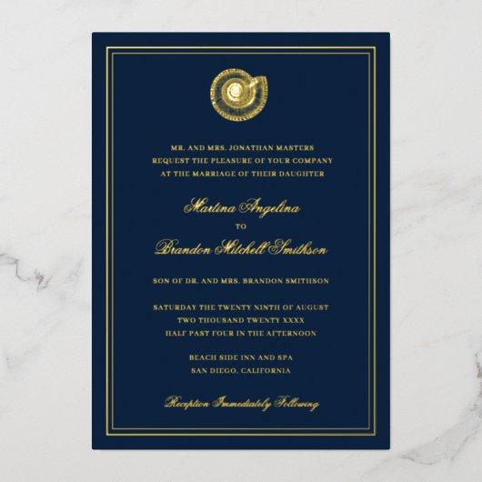 Navy Blue Seashell Beach Gold Folie Uitnodiging (Voorkant)