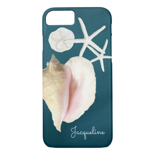 Navy Blue Seashell Modern Beach Conch Starfish Case-Mate iPhone Case (Achterkant)