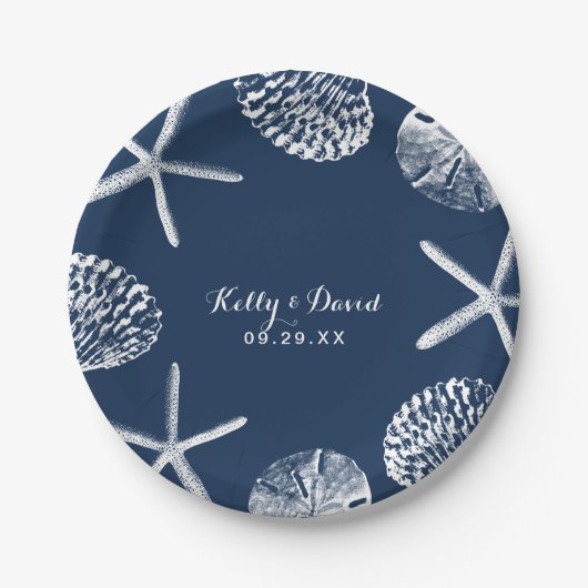 Navy Blue Seashells Summer Beach Weddenschap Papieren Bordje (Voorkant)