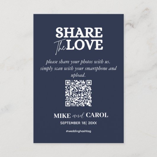 Navy Blue Share The Love Photo Qr Code Weddenschap Informatiekaartje (Voorkant)