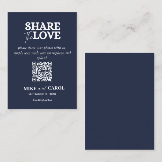 Navy Blue Share The Love Photo Qr Code Weddenschap Notitiekaartje (Voorkant / Achterkant)