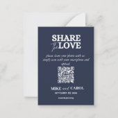 Navy Blue Share The Love Photo Qr Code Weddenschap Notitiekaartje (Voorkant)