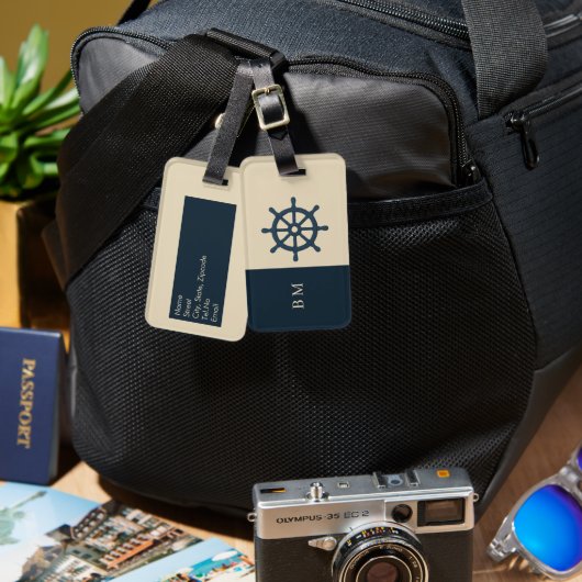 navy blue ship wheel & Monogram Beige Coastal home Bagagelabel (Voorkant /achterkant)