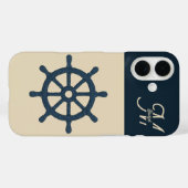 navy blue ship wheel & Monogram Beige Coastal home Case-Mate iPhone Case (Achterkant (horizontaal))
