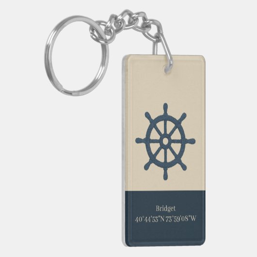 navy blue ship wheel with Name and Coordinates Sleutelhanger (Voorkant Links)