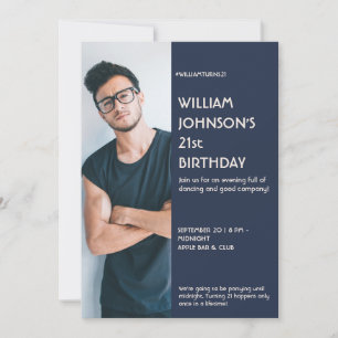 Navy Blue Sidebar Foto 21st Birthday, uitnodiging 