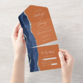 Navy Blue Silver Agaat Sinaasappel bruiloft All In One Uitnodiging (Afscheurbaar)