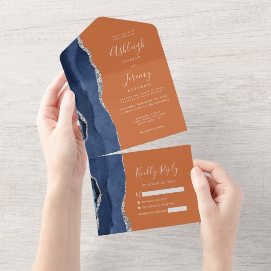Navy Blue Silver Agaat Sinaasappel bruiloft All In One Uitnodiging (Afscheurbaar)