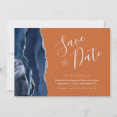 Navy Blue Silver Agate Burnt Oranje Save the Date Kaart (Voorkant)