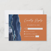 Navy Blue Silver Agate Burnt Oranje Script RSVP Kaartje (Voorkant)