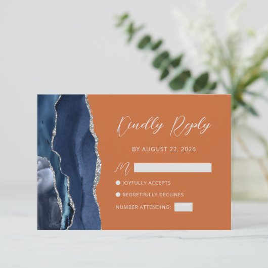 Navy Blue Silver Agate Burnt Oranje Script RSVP Kaartje (Staand voorkant)