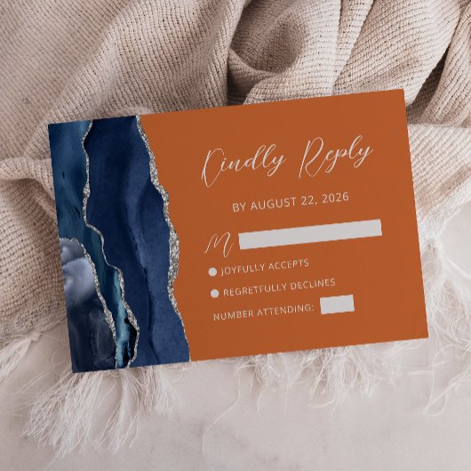 Navy Blue Silver Agate Burnt Oranje Script RSVP Kaartje