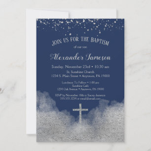 Navy Blue Silver Confetti Baptism Invitation Boy Kaart