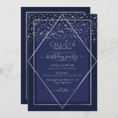 Navy Blue Silver Confetti Border Verjaardag Kaart (Voorkant / Achterkant)