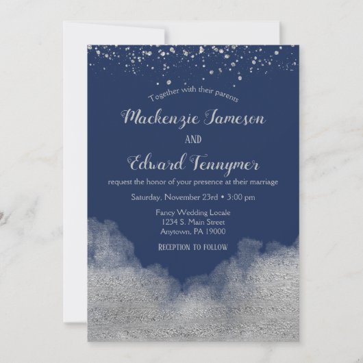 Navy Blue Silver Confetti Wedding Invitation Kaart (Voorkant)