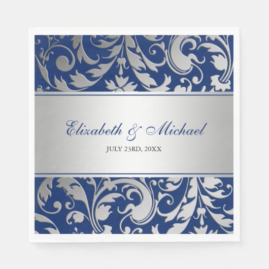 Navy Blue Silver Damask Swirls Wedding Servetten (Voorkant)