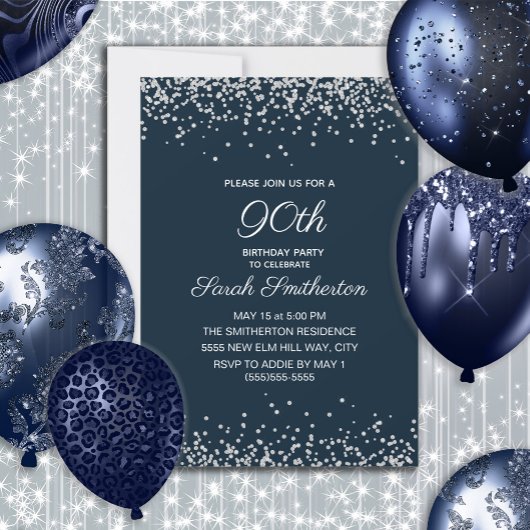Navy Blue Silver Diamond Glitter 90th Birthday Kaart