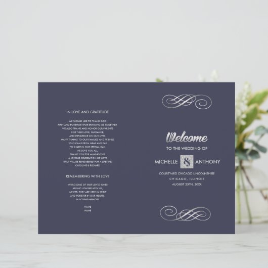 Navy blue | Silver Elegant Folded Wedding Programm (Staand voorkant)