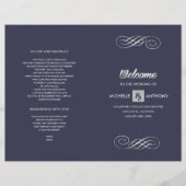 Navy blue | Silver Elegant Folded Wedding Programm (Voorkant)