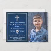 Navy Blue Silver First Heilige Commune Foto Kaart (Voorkant)