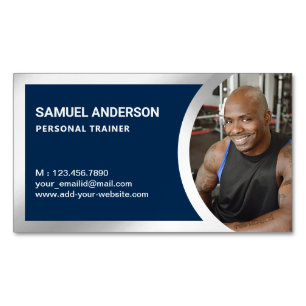 Navy Blue Silver Fitness Personal Trainer Foto Magnetisch Visitekaartje