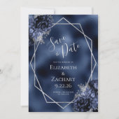 Navy Blue Silver Floral Geo Folie Save the Date (Voorkant)