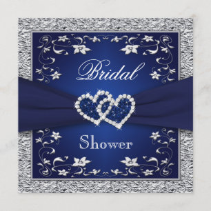 Navy Blue, Silver Floral, Hearts Vrijgezellenfeest Kaart