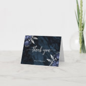 Navy Blue Silver Floral Script Wedding Bedankkaart (Voorkant)
