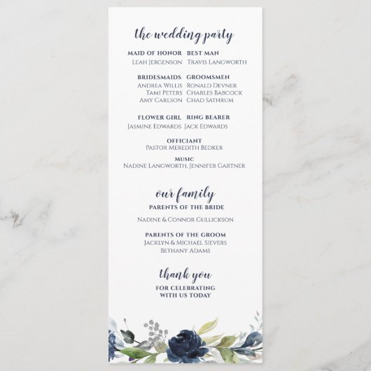 Navy Blue Silver Floral Waterverf Wedding Programma (Achterkant)